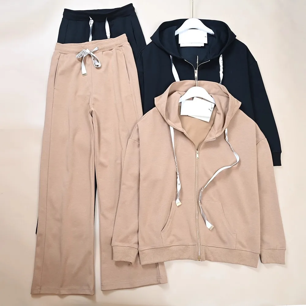 

Women's Autumn Winter Loose Shoulder Casual Sweatshirt Pants Set Cotton Blend Long Sleeve Hooded Zipper Three Piece Ensemble