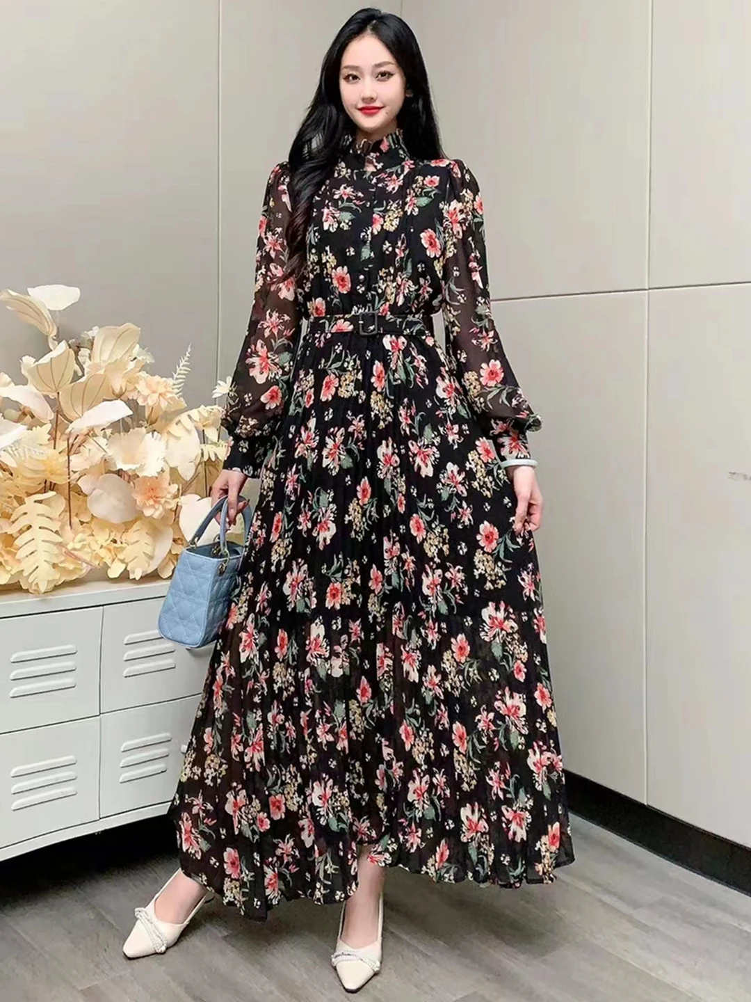 2024 New Spring Autumn Women Ruffled Collar Long Sleeve Belt Slim Long Dress Sweet Pleated Big Hem Chiffon Floral Dress