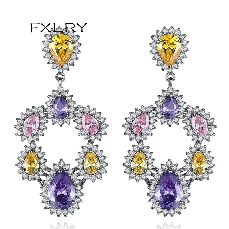 

FXLRY New Arrival Trendy Wedding Multi Color Shiny Cubic Zirconia Long Big Drop Earrings Vintage Party Jewelry Women