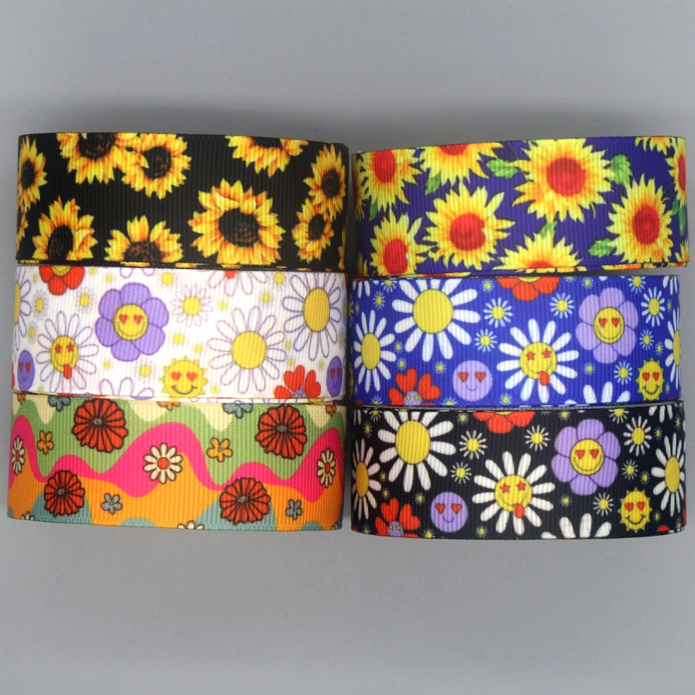 DHK 7/8\'\' 5yards Flower Sunflower Printed Grosgrain Ribbon Accessories Material Headwear Decoration DIY Sewing Craft C2057