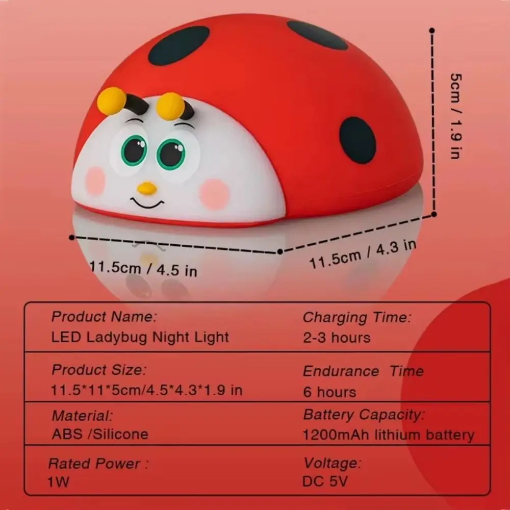 Touch Control Ladybug Night Light Squeezable Eye Protection Nursery Sleeping Lamp Type-C Rechargeable 3 Modes