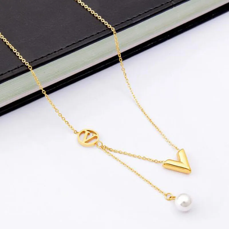 2024 Trend Stainless Steel V Letter Tassel Pearl Necklace for Women Gold Plating New Brand Party Jewelry Gift