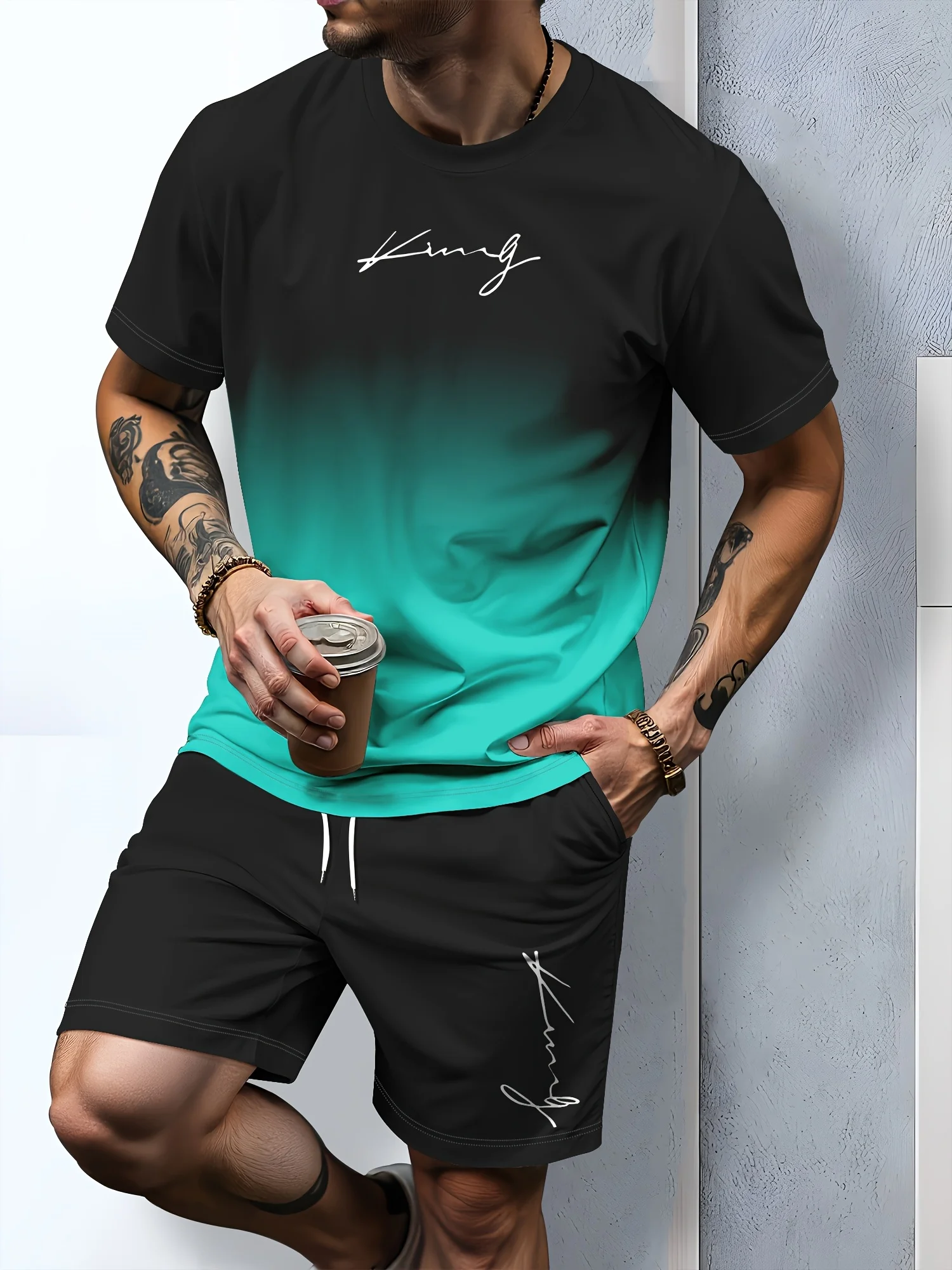 Round Neck Casual and Comfortable T-shirt Round Neck T-shirt and Shorts Polyester Men's Casual Sports Suit 3D Printed T-shirt