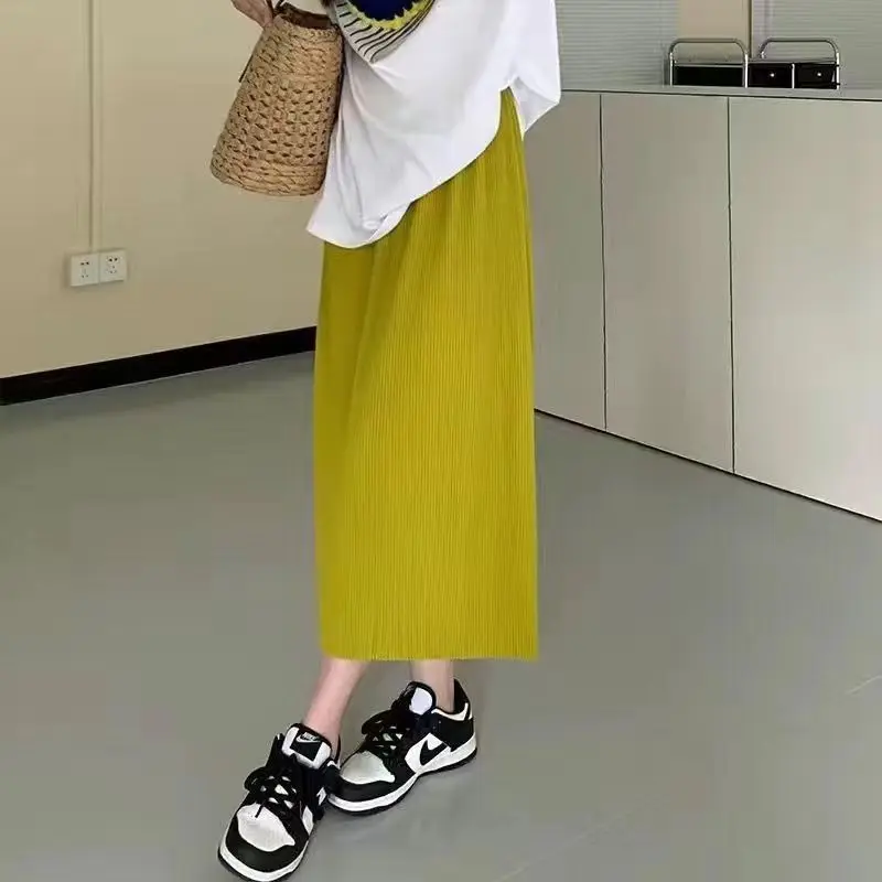 

High Waist Slit Hem Simplicity High Street A-line Skirt Summer Solid All-match Casual Midi Skirt Vintage Fashion Women Clothing