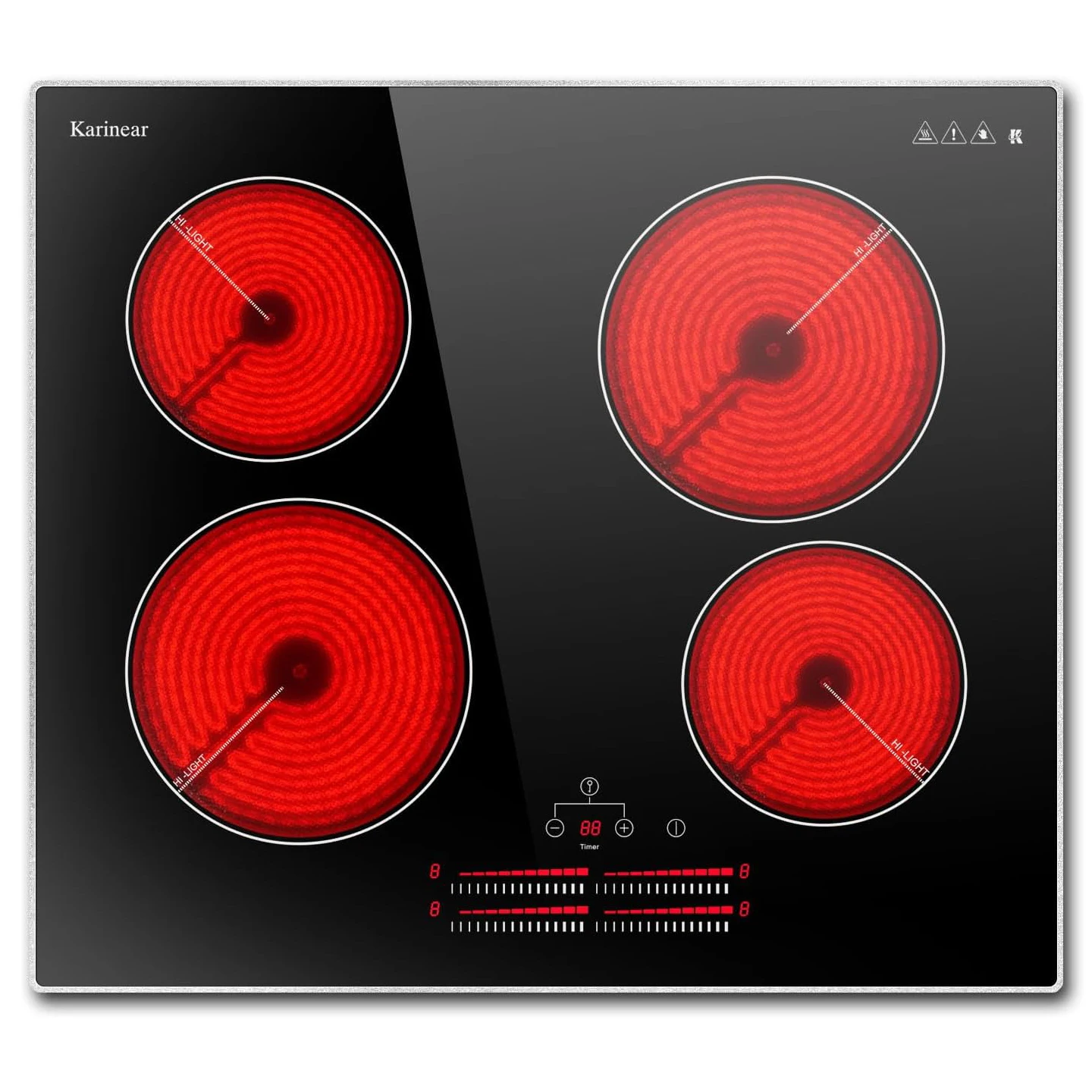 Karinear Electric Ceramic Cooktop 4 Burners, 220V Built-in 24 Inch with Metal Edged Protection, Slider Control, 6000W Hardwired