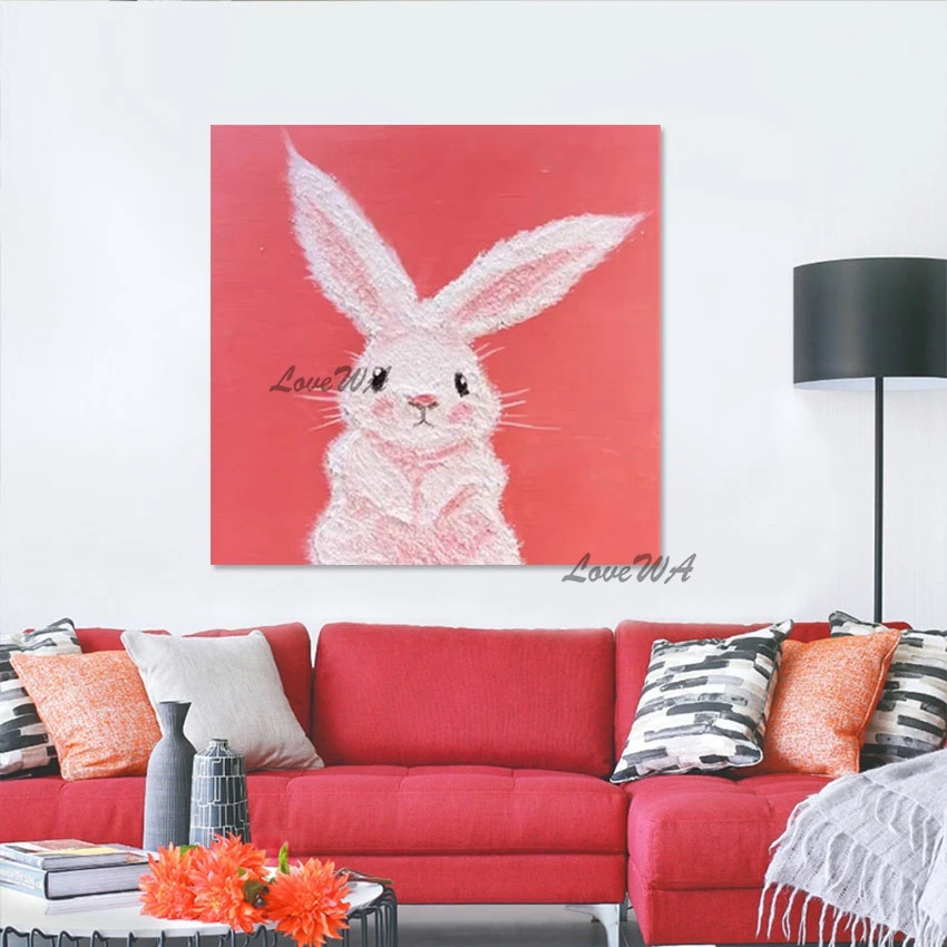 Girl Gift Abstract Canvas Painting Rabbit Art Wall No Framed High Quality Animal Picture Pink Design Acrylic Artwork Decora