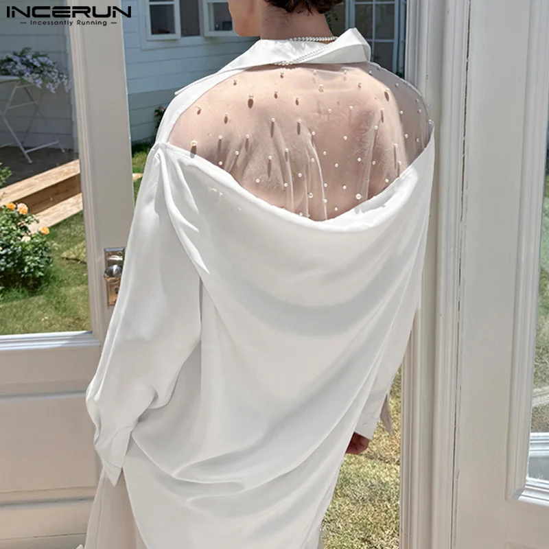 INCERUN Men Shirt Patchwork See Through Lapel Long Sleeve Loose Men Clothing Streetwear 2025 Fashion Casual Male Shirts S-5XL