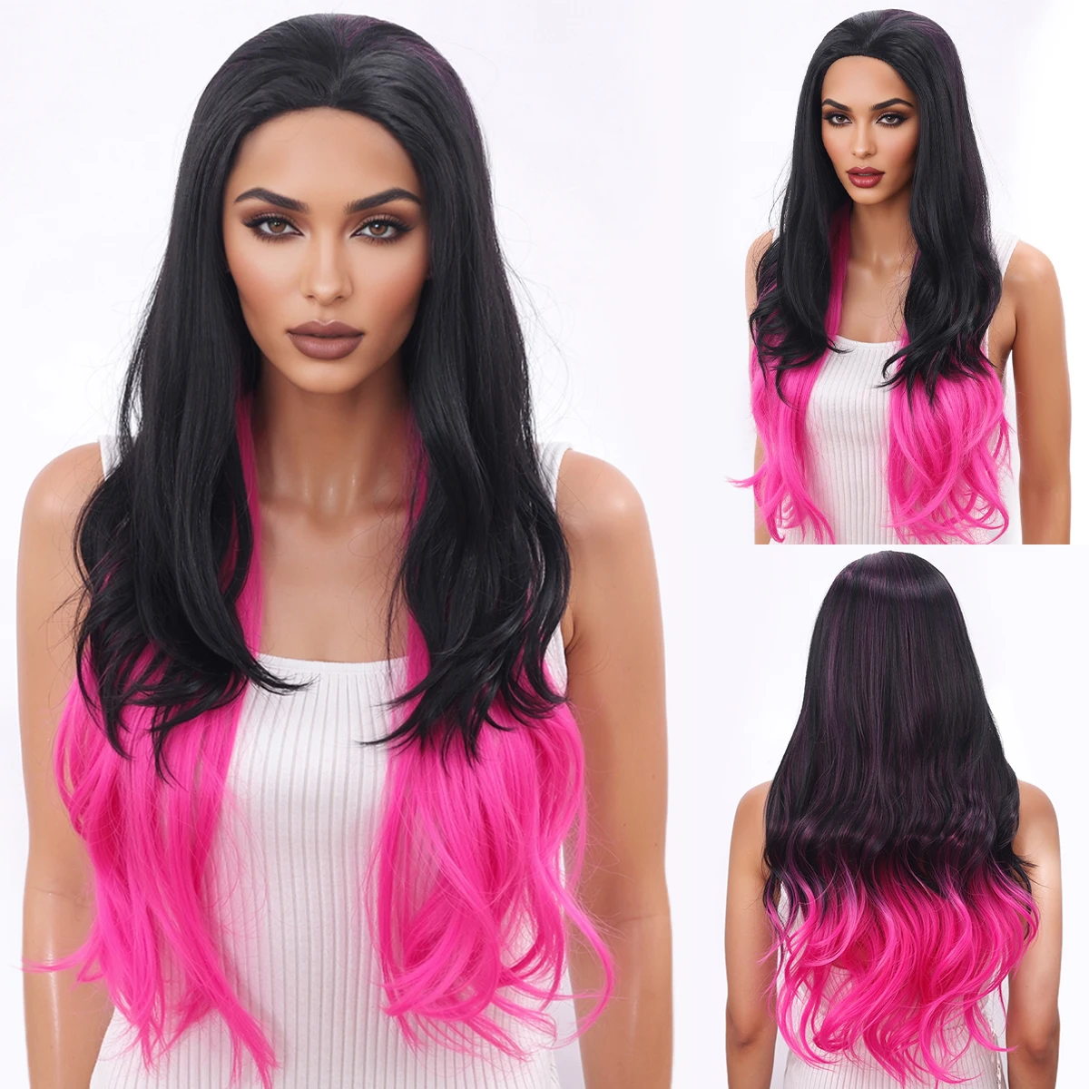 

Female wig full head long hair curly black gradient pink full top female full head cover-Synthetic fiber wig