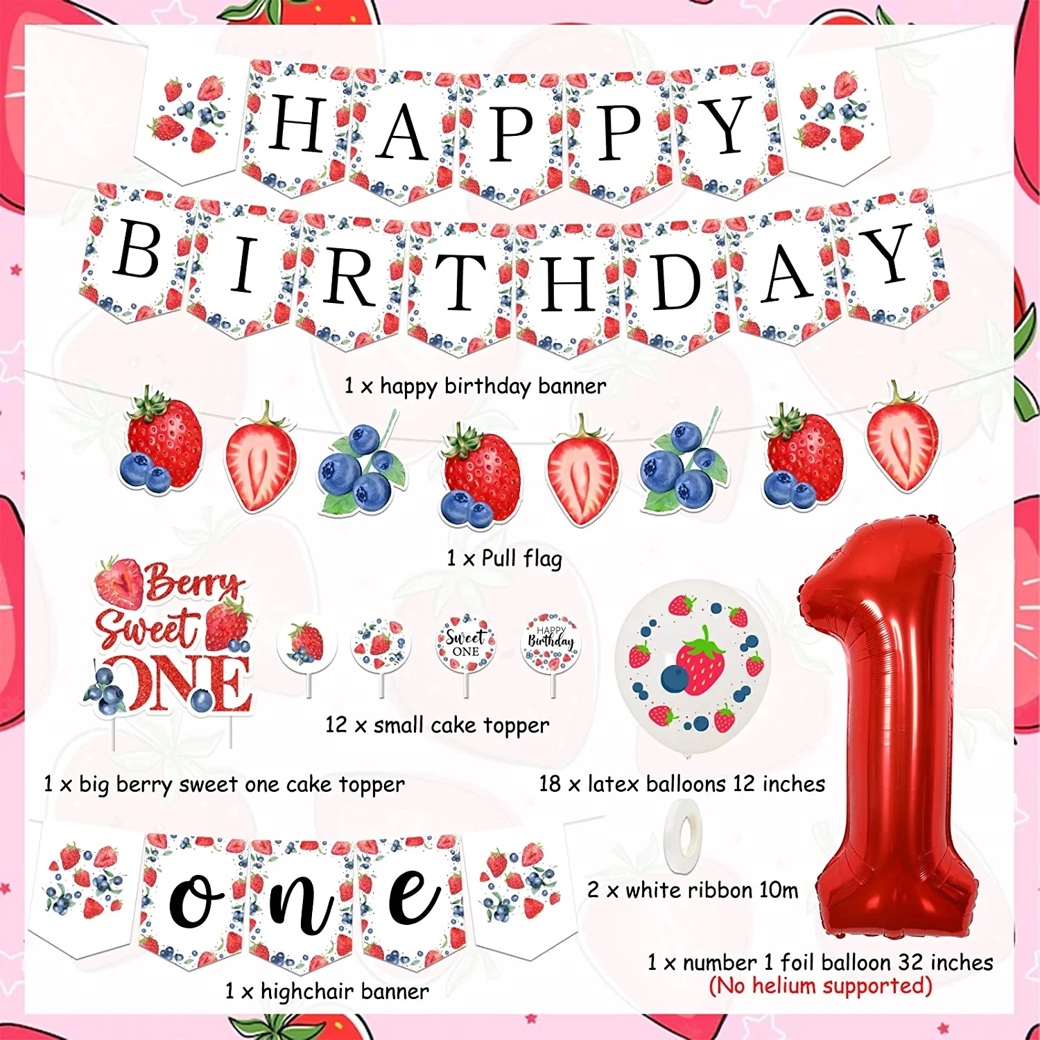 JOYMEMO Strawberry Blueberry Themed First Birthday Decoration Berry Sweet One Banner Berry 1st Birthday Party Supplies for Girls