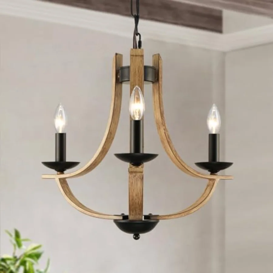

Farmhouse Chandelier for Dining Room: 3-Light, 19 Wide, Adjustable Height, Rustic Iron Finish, Warm White Light Fixture for Kit