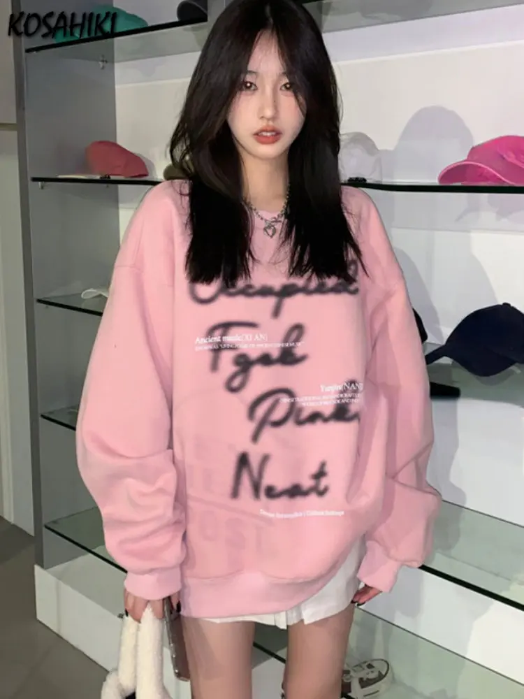 

Casual Loose Pink Hoodies Women All Match Letter Print O-neck Sweatshirt Y2k Aesthetic Korean Fashion Harajuku Sudadera