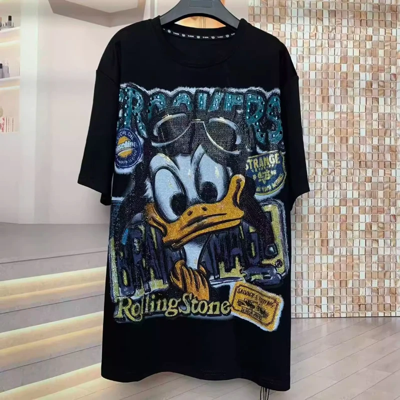 

Осень 2023, новые футболки для тяжелой промышленности, модная милая свободная футболка большого размера с короткими рукавами и бриллиантами, пуловер, одежда Y2k