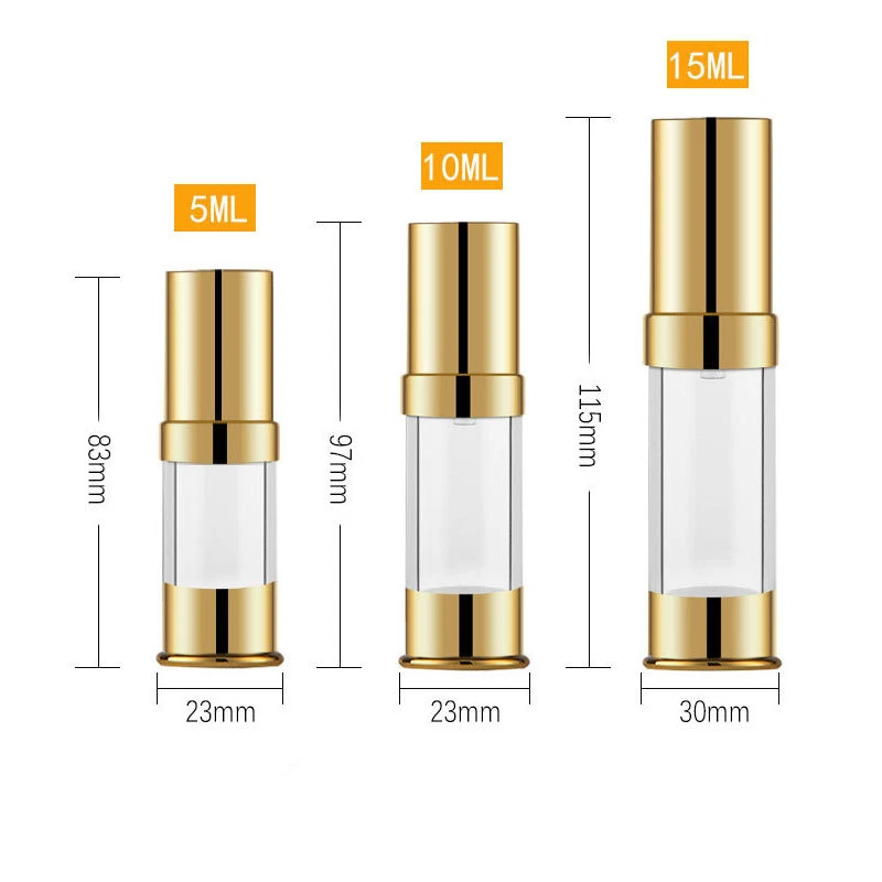 100pcs 5ml 10ml 15ml 20ml 30ml Empty Airless Gold Silver Bottle With Plastic Pump Travel Makeup Shampoo Container for Cosmetics