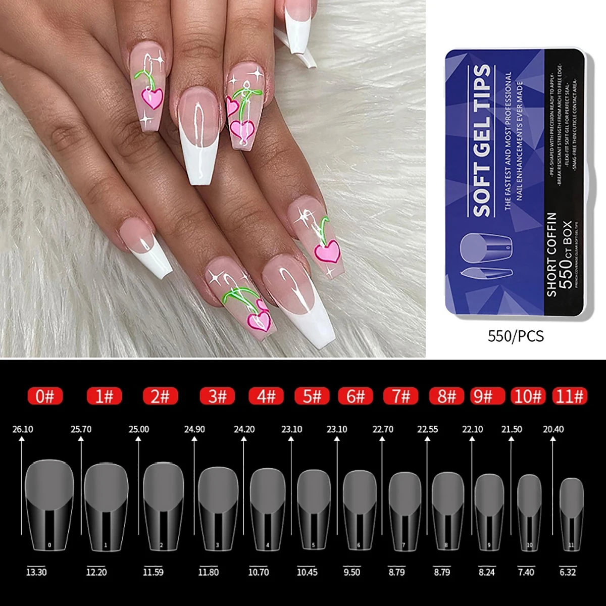 550 Stück Sargförmige Mandel-Soft-Gel-Nagelspitzen, künstliche halbe Abdeckung zum Aufdrücken, Acrylnägel in 11 Größen, künstliche Nägel, DIY-Maniküre-Verlängerungswerkzeuge – Detail 8
