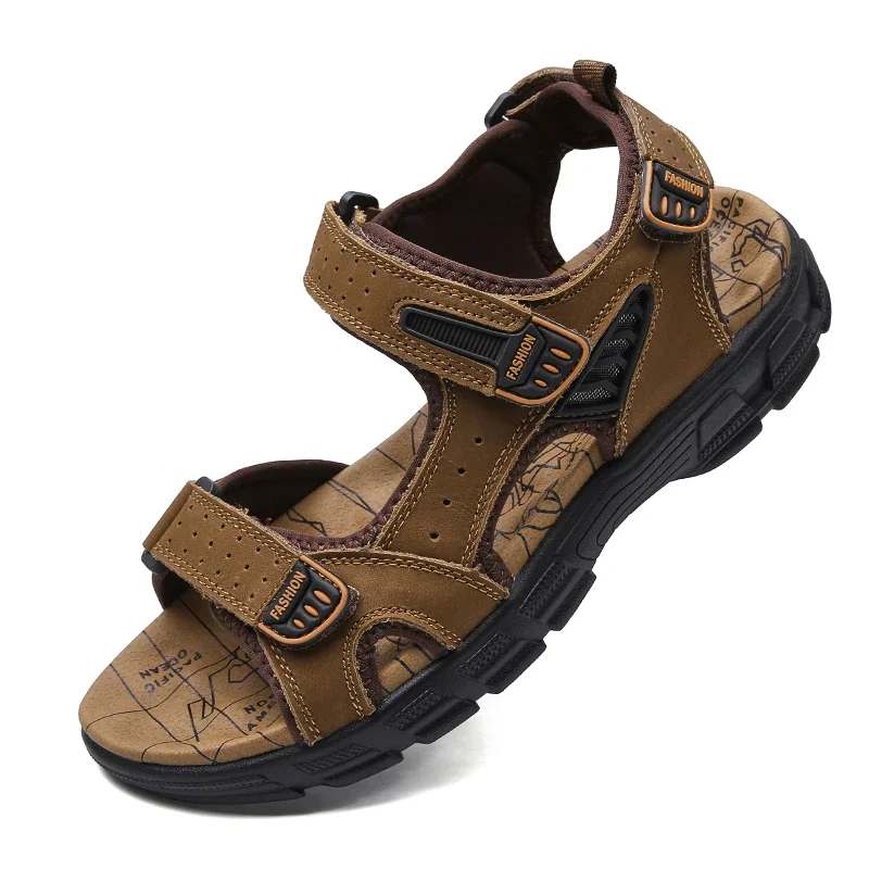 

2024 New Genuine Leather Men's Sandals Summer Breathable Casual Sandals Outdoor Non Slip Hiking Shoes Men's Beach Slippers