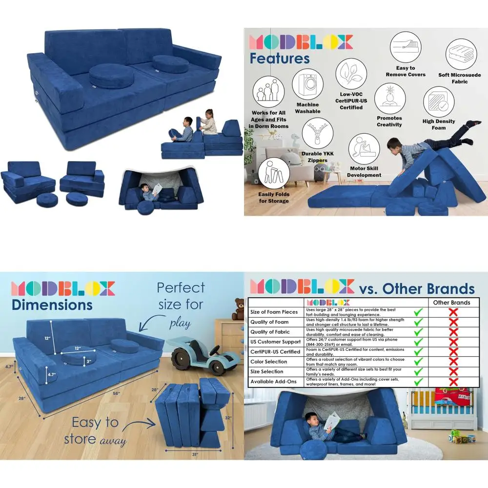 

Soft Modular Kids Sofa Set for Boys and Girls, Playroom Fort Building Furniture with Faux Suede Cover and High-Density Convertib