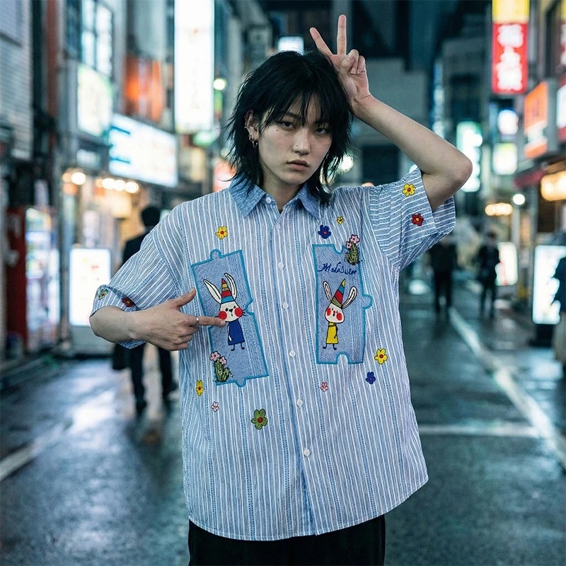 

Men's 100% Cotton Blue Striped Shirt Cartoon Rabbit Embroidery Floral Patch Short Sleeve Harajuku Streetwear Casual Tops M-XL