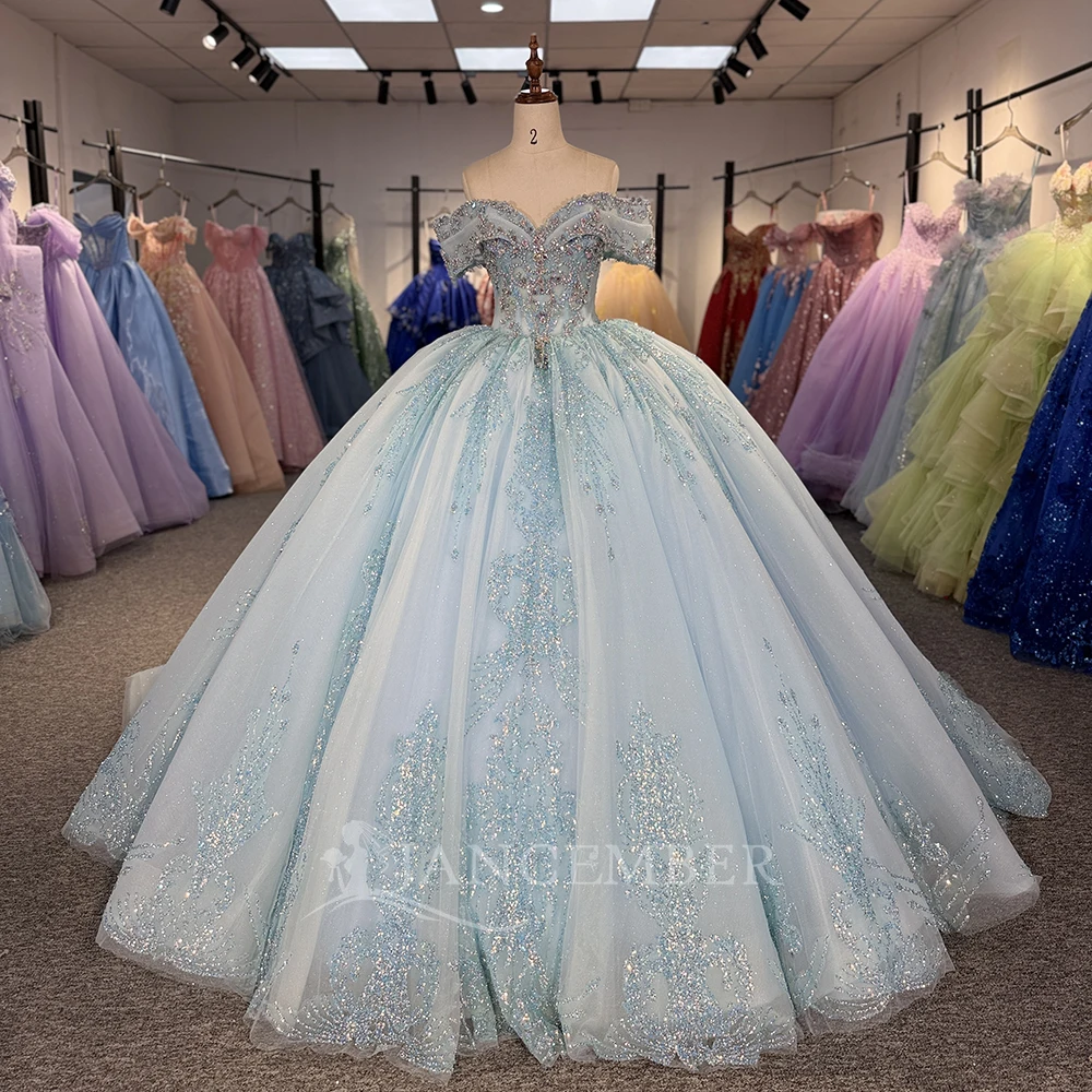 

Customized Shiny Sky Blue Quinceanera Dress Sweetheart Ball Gown Beading Short Sleeves Lace Up Back Sweet 16 Vestidos De 15 Anos
