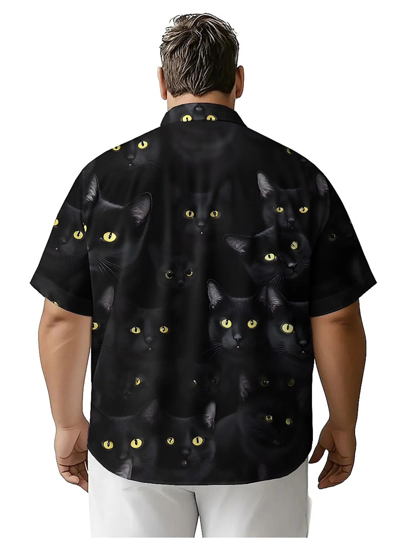 メンズ プラス サイズ アロハ シャツ 黒猫の目柄、夏カジュアル トップス、アウトドア、パーティー、ストリートウェア