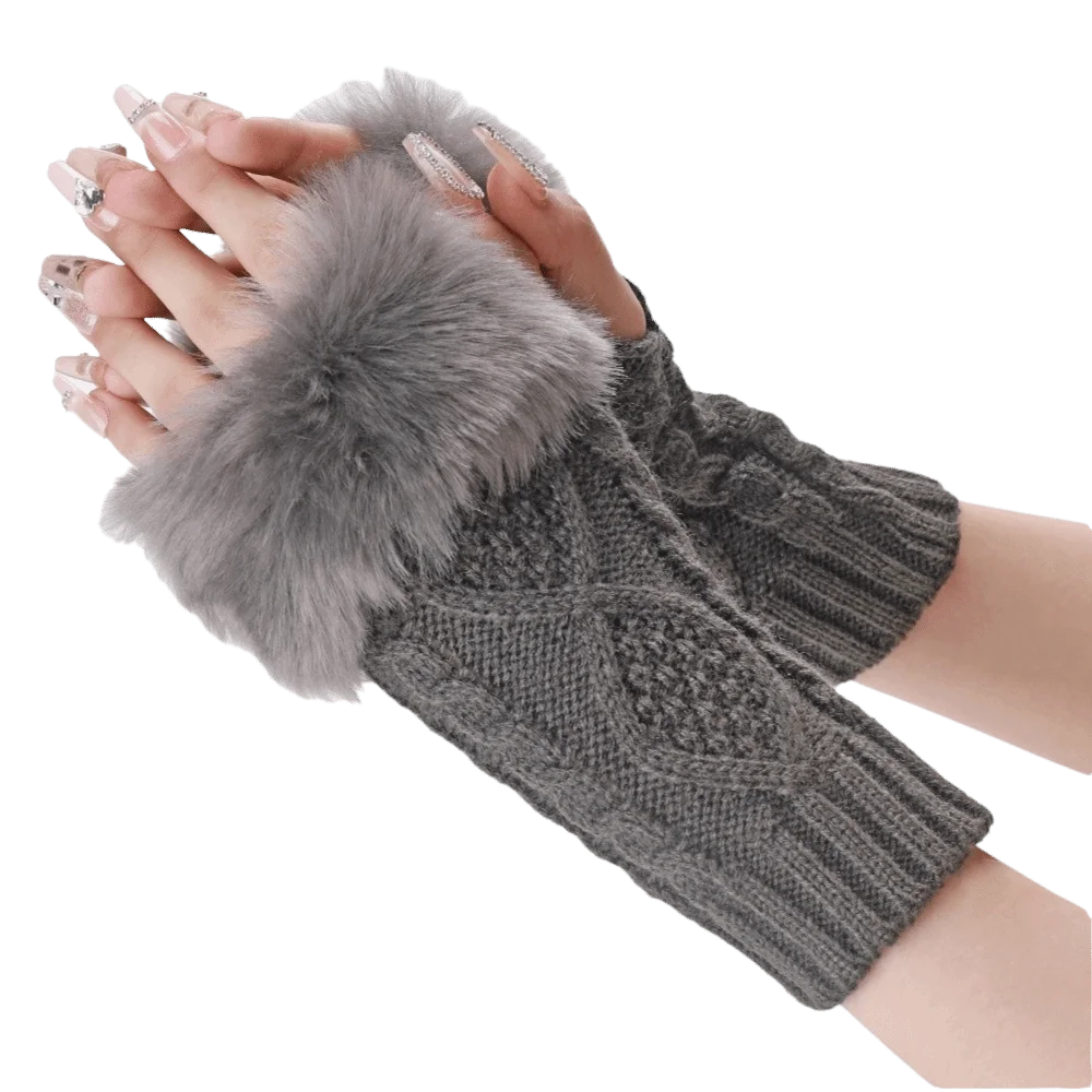 Cable Knit Fingerless Arm Warmers Faux Fur Cuff Rhombus Pattern Half Finger Gloves Strench Warm Sleeve Cover Daily Wear