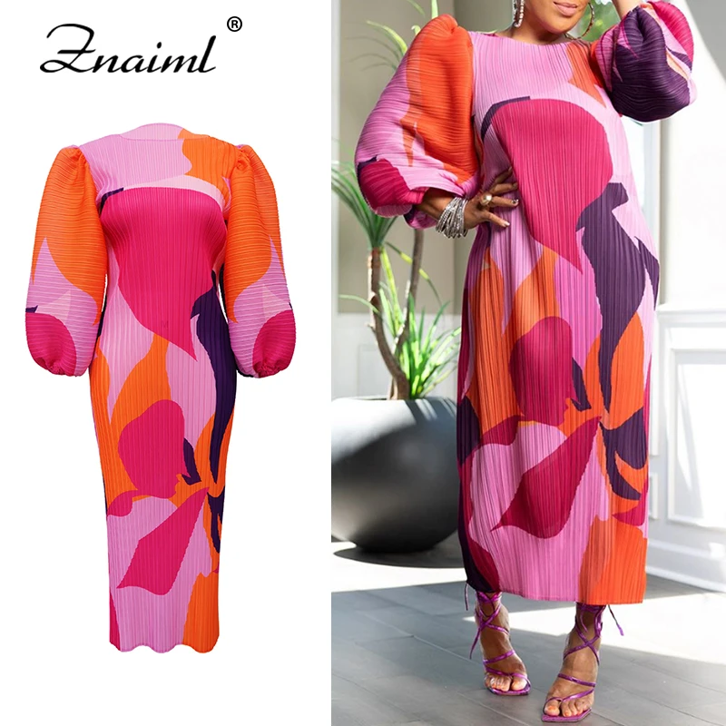 

Znaiml Свободное платье средней длины с круглым вырезом и длинными рукавами-фонариками, женское плиссированное платье с принтом в стиле пэчворк, вечернее праздничное платье на день рождения