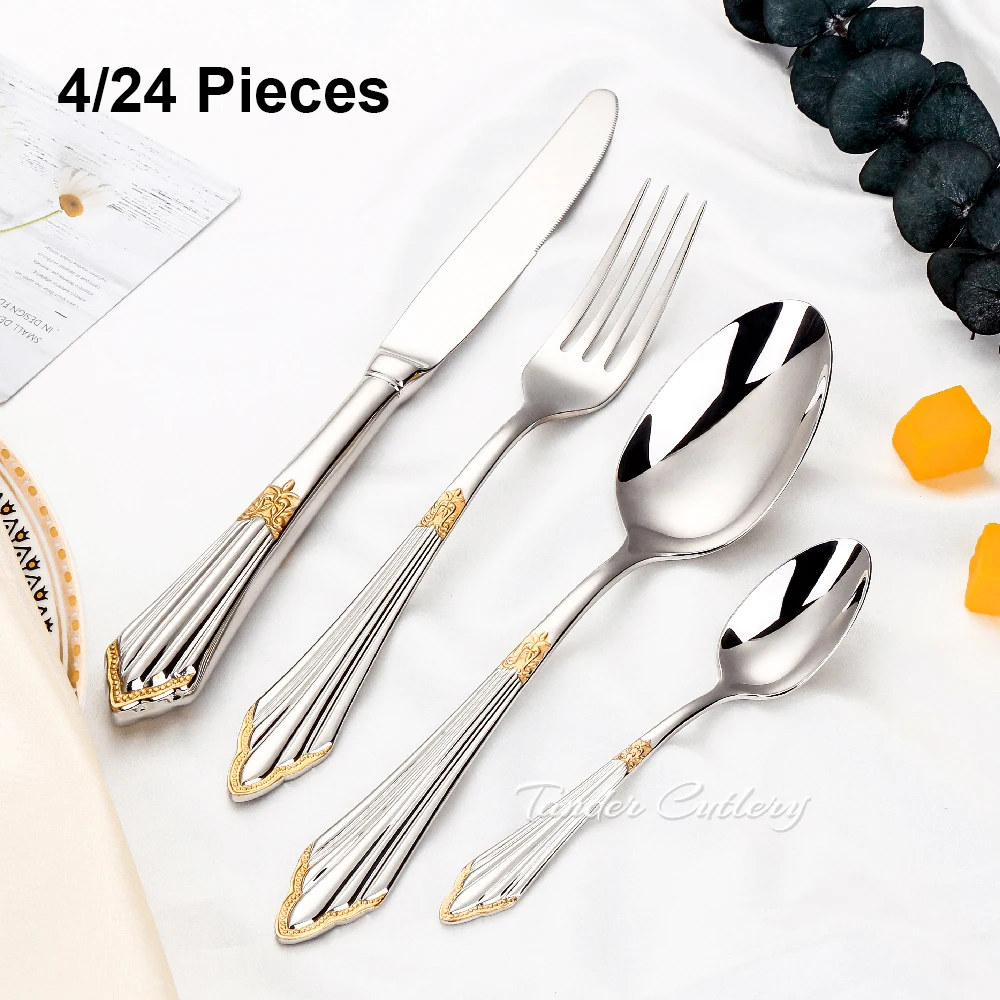 4/24 Pieces Luxury Gold Cutlery Set Vintage Western Stainless Steel Gold Plated Tableware Black Dinnerware Knife Fork Spoon Set