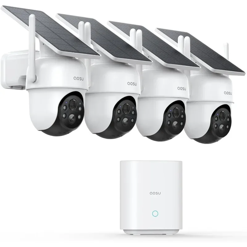 Cámaras inalámbricas para exteriores, Kit de 4 cámaras, sin suscripción, alimentadas por energía Solar, sistema de cámaras de seguridad para el hogar con giro e inclinación de 360 °, automático