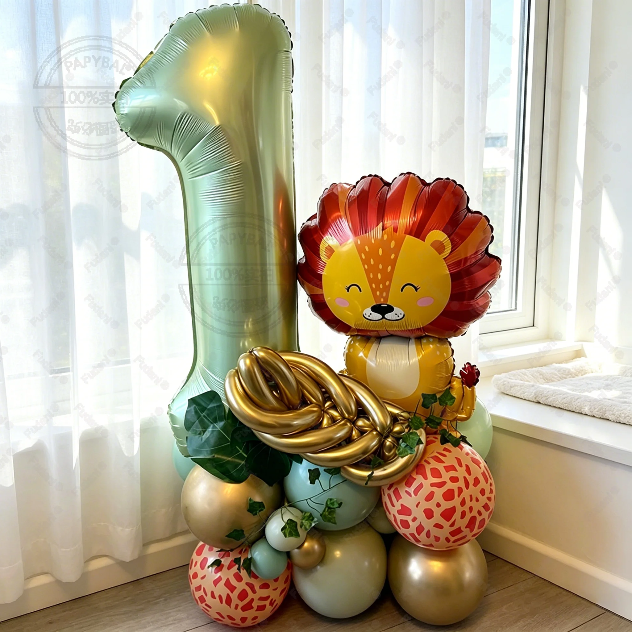 28pcs/set Jungle Safari Animal Olive Green 40inch Number Balloons Set  1 2 3 4 Years Wild One Birthday Party Decorations view 2