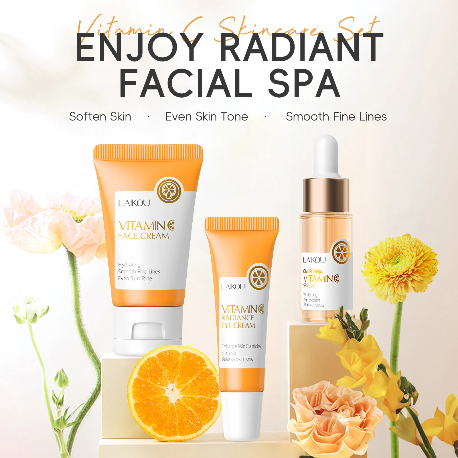 مجموعة منتجات العناية بالبشرة من سلسلة فيتامين C من LAIKOU مكونة من 3 قطع مجموعة العناية بالبشرة المرطبة كريم العين المطهر