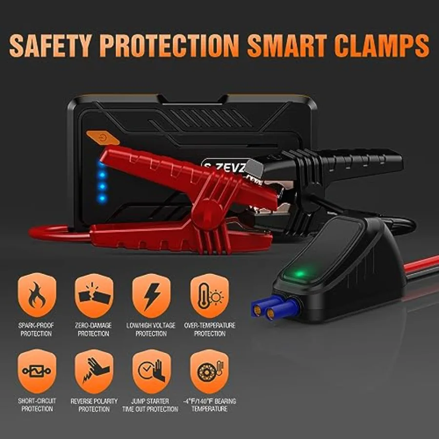 Portable 12V Car Battery Booster Pack with Smart Clamp Cables and USB Charging Port for Emergency Vehicle Jump-Starting LED Fla