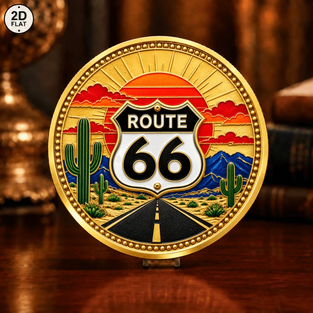 1pc American Route 66 Retro Truck Metal Challenge Coin Color Print Classic Car Desert Highway Collectible Token Travel Gifts