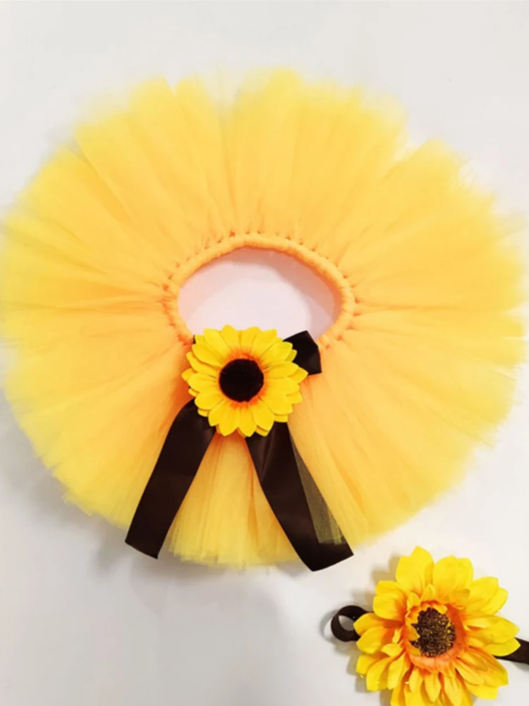 Baby Photography Unique Sunflower Design Adorable Newborn\'s Outfit Chinese Tutu Bow Skirt Flower Headdress for 0-1month