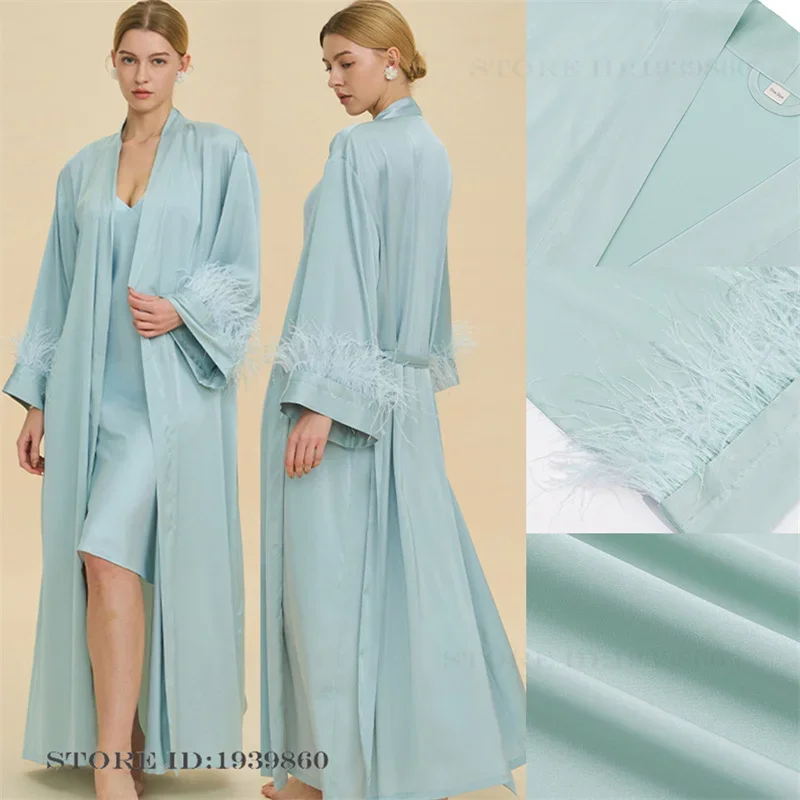 High Quality Elegant Womens Long Robe Nightgown Set Home Dress Sexy Bathrobe with Feather Cuffs Loose Satin Sleepwear Nightdress