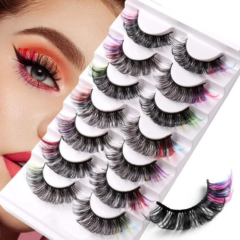 7 Pairs Colorful False Eyelashes 3D Mink Colored DD Curl Fluffy Eyelashes Russian Volumes Natural Thick Fluffy Lashes Extension