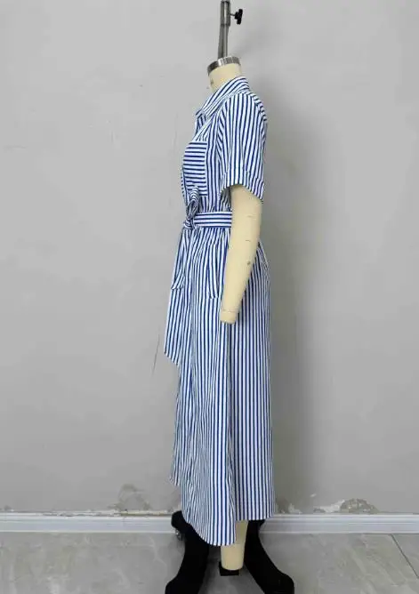 Classic Striped Print Lapel Slim Fit Lace Up Waist Dress for Summer Women's Casual Simple A-Line Short Sleeved Shirt Dress