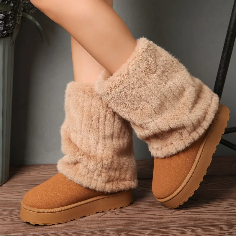 Sapatos de algodão fofos de sola grossa elegantes e versáteis para mulheres de inverno, novas botas de neve com alça de fivela 2025