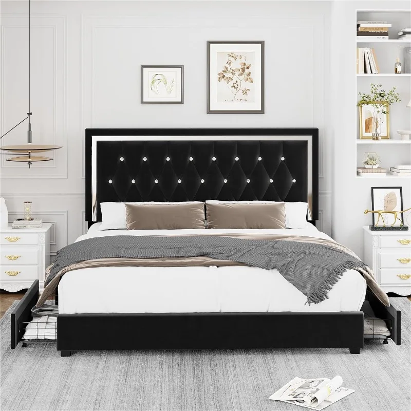 King Size Bed Frame with 4 Storage Drawers and Adjustable Headboard, Modern Upholstered Platform Bed with Wood Slat Support