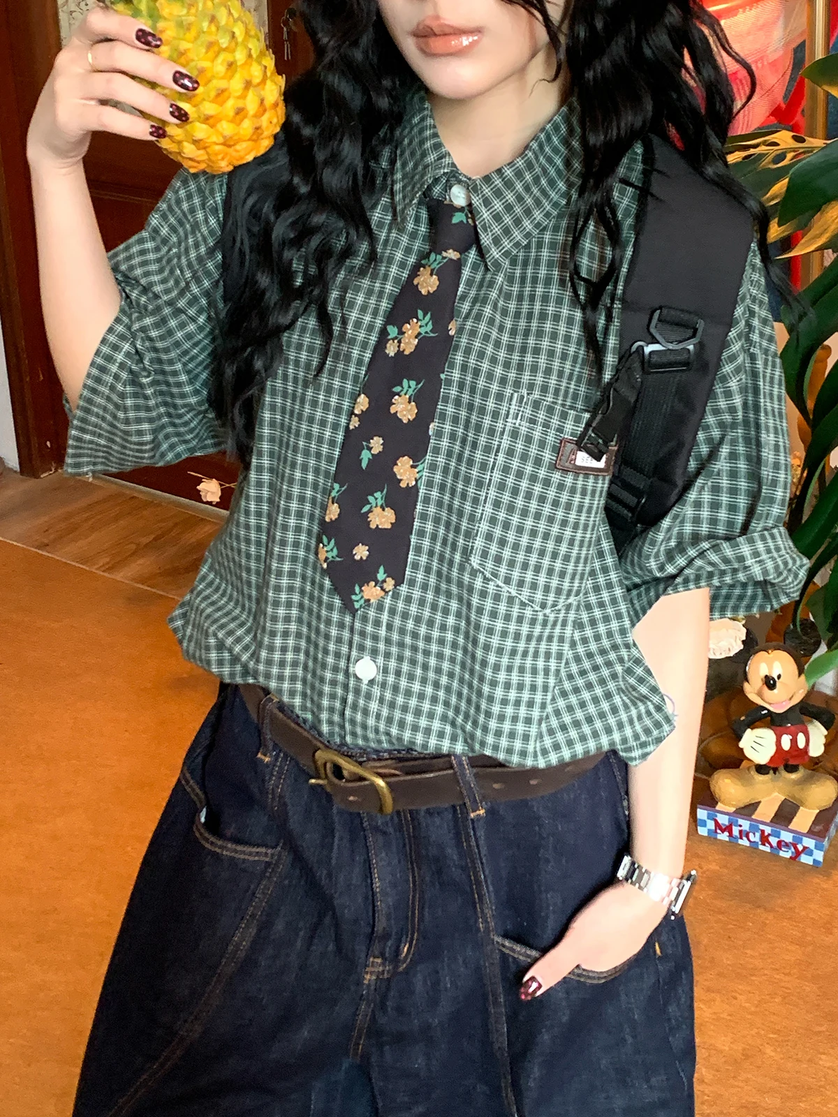 

American Retro Style Plaid Loose Short Sleeve Men's Shirt with Tie Design Versatile Summer Breathable Comfortable Women's Blouse