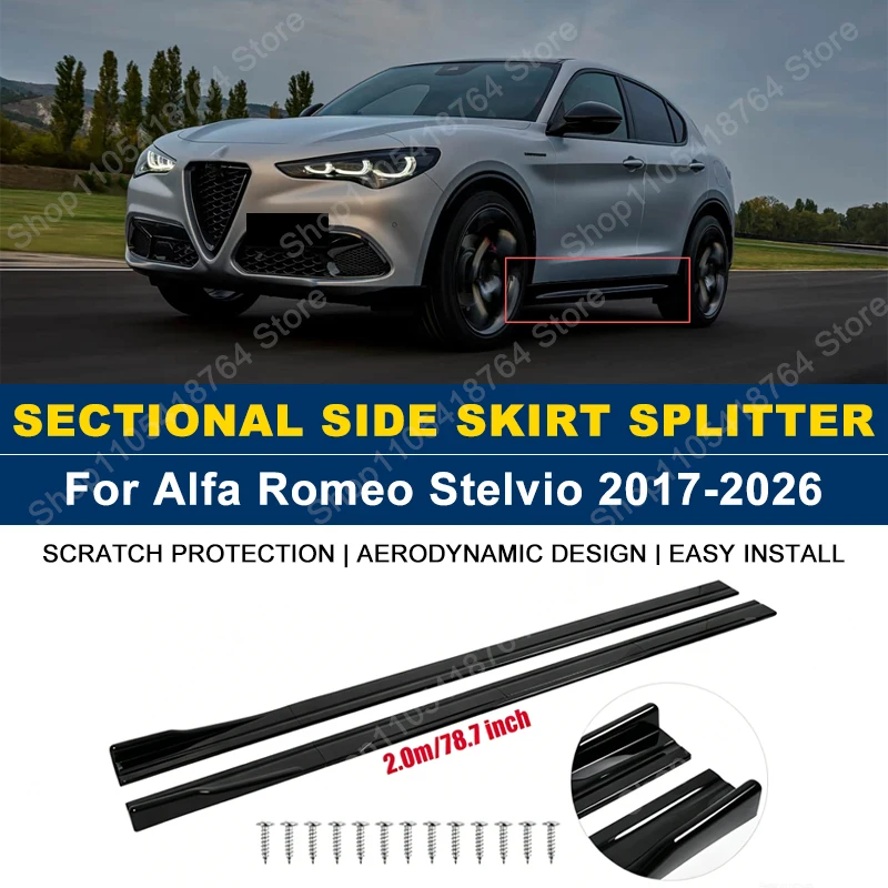 2M/78.7" Side Skirts Extension Rocker Panel Splitter For Alfa Romeo Stelvio 2017-2026 2018 2019 2020 2021 2022 2023 ABS Plastic