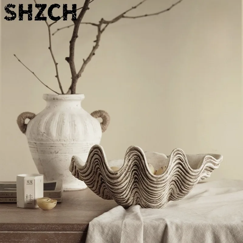 Wabi Sabi Seashell Art Fruit Bowl Mid-Century Modern Decorative Tray Unique Desktop Centerpiece for Living Room Display Dish