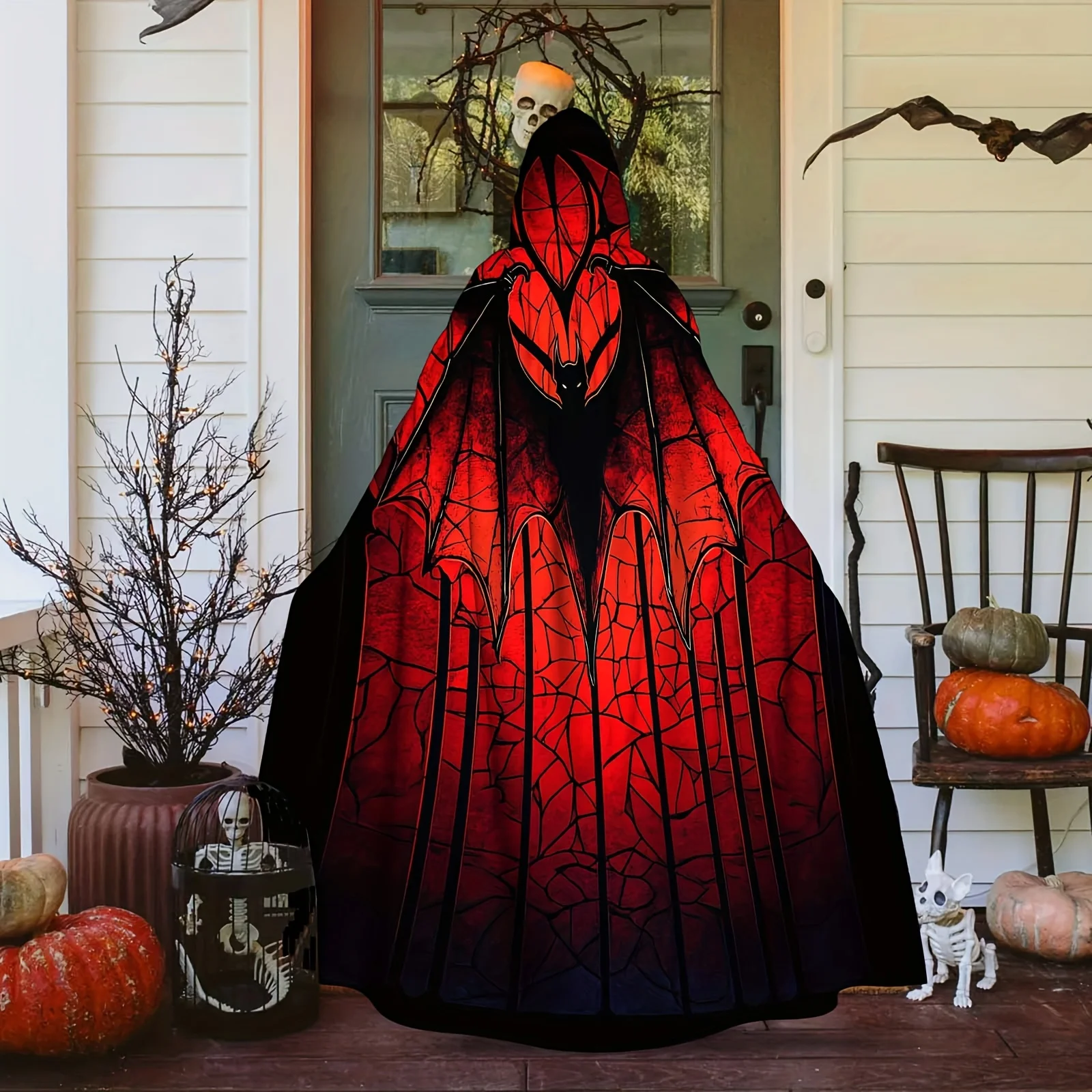 1pc Halloween-kostuum met capuchon - Gebrandschilderd glasstijl met vleermuissilhouet Rood licht Machinewasbaar polyester