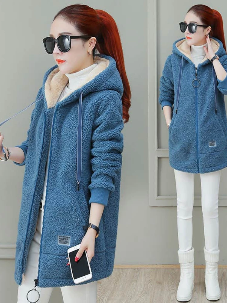 

Утолщенный флисовый однотонный свитер, женский новый модный осенне-зимний топ с капюшоном, кардиган, зимнее пальто из искусственной овечьей шерсти