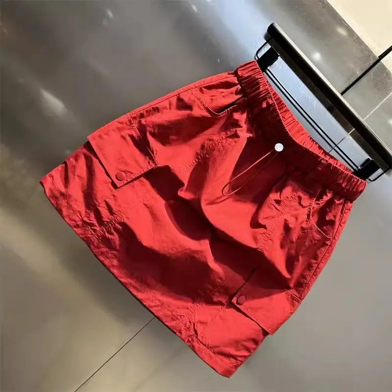 Summer A-shaped Bodycon Skirt Multi-pocket Drawstring Elastic Waist Casual Short Skirt Women Korean Style