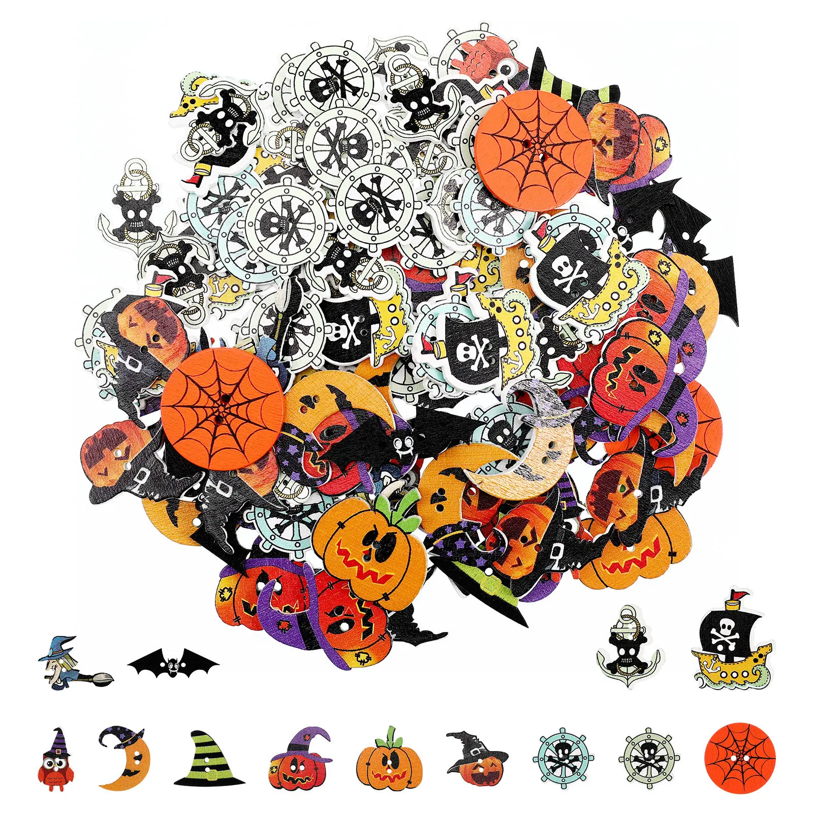 

100 шт., 2 отверстия, декоративные пуговицы на Хэллоуин, принадлежности для шитья, пуговицы с разнообразными узорами для поделок, прочные