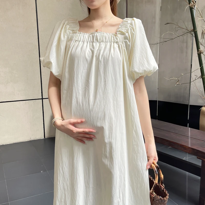 

2024 Summer Maternity Elegant Dress Stretched Square Collar Puff Sleeve Pregnant Woman Beach Dress Plus Size Pregnancy Clothes