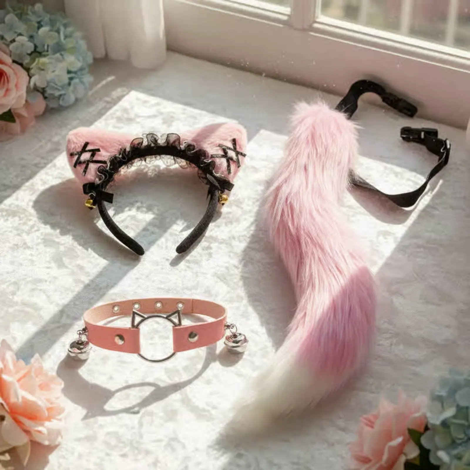 

Canine Tail Collar Set Pink Feline Ear Headband Set Creature Ear Headband Fluffy Soft Faux Plush Fabric for Party