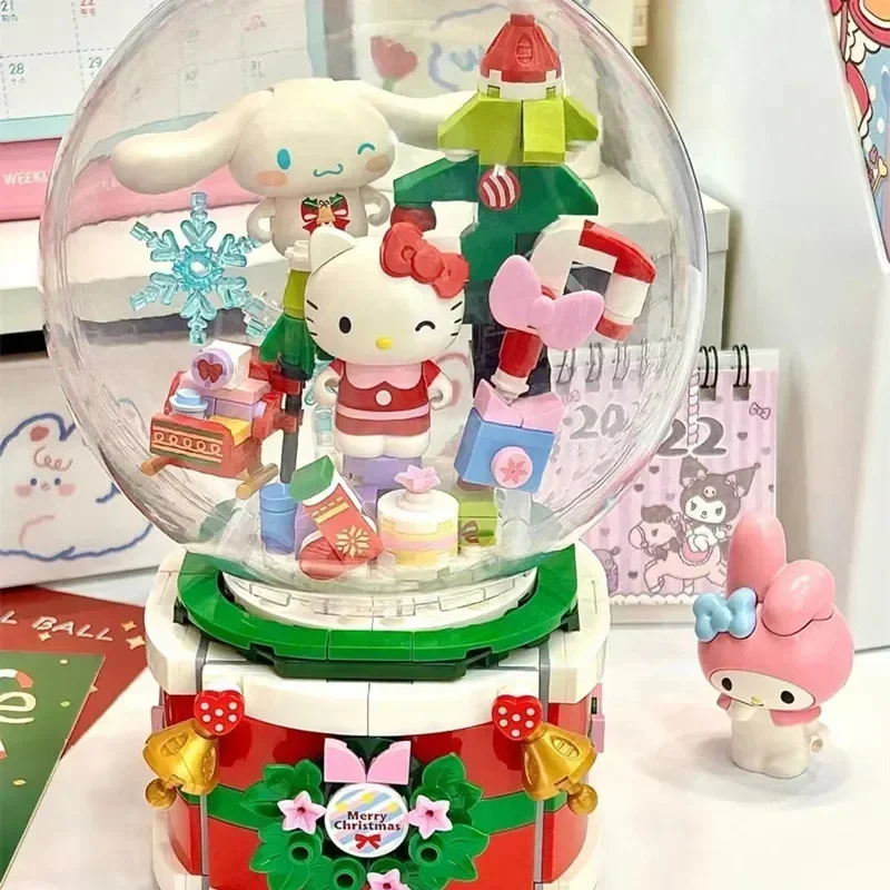 Genuine keeppley Sanrio building blocks Christmas music box Hello Kitty model Kawaii assembled girl toy gift room decoration