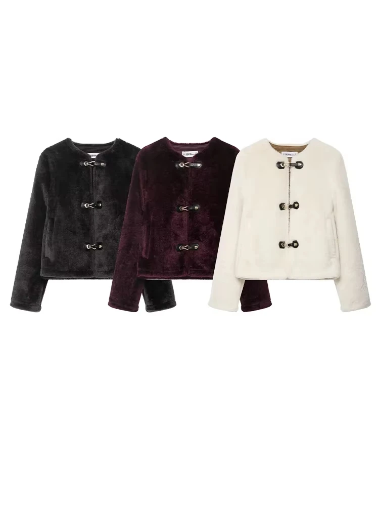 HH 패션 여성용 양면 재킷 로프 매듭 버클 2025 O넥 긴팔 리버시블 루즈 따뜻한 벨벳 숏 코트