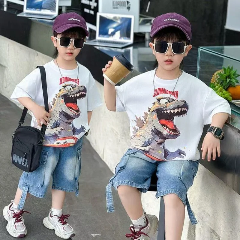 

Boys' Dinosaur Set 2025 New Summer Short sleeved T-shirt and Jeans Two piece Set Kids Outfits 2 3 5 7 9 Y