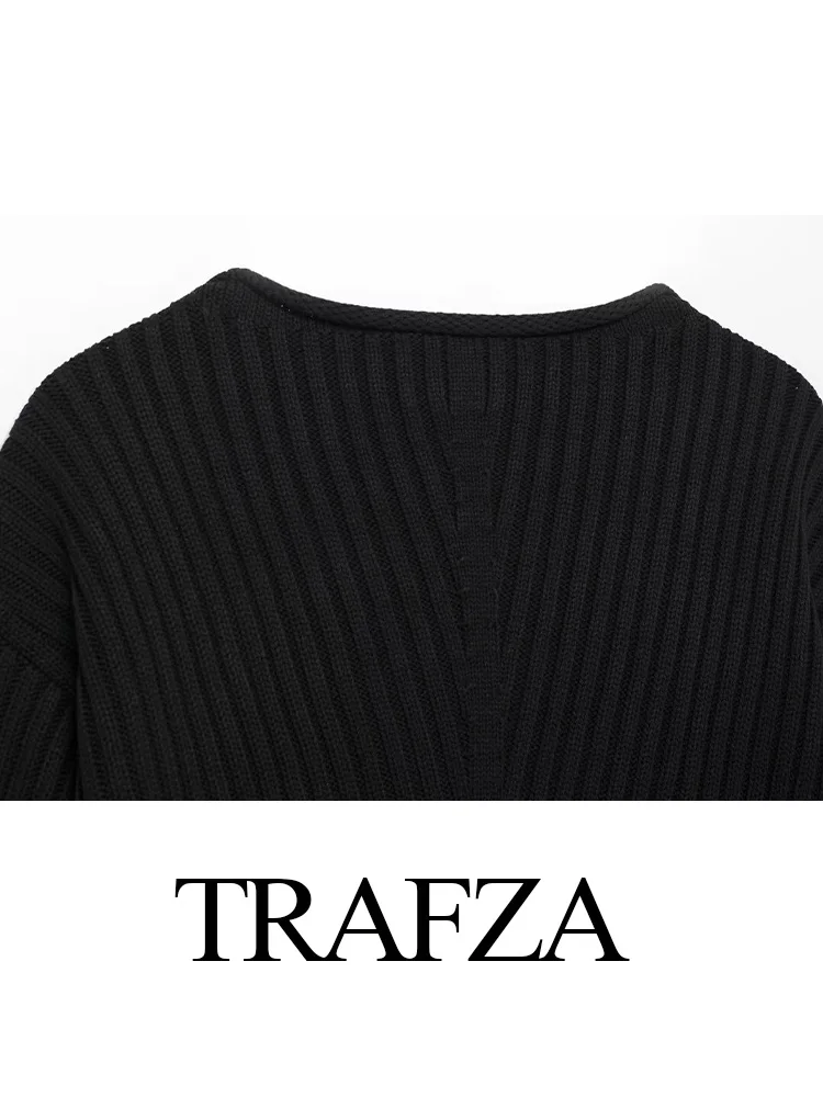 TRAFZA Frauen Neue Casual Runde Kragen Langarm Solide Strick Pullover Pullover Herbst Weibliche Elegante Rippen Kurze Pullover